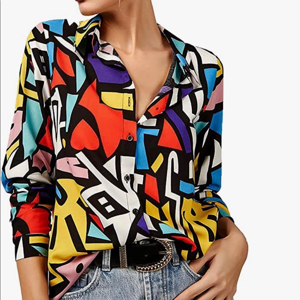 Multi Color Geometrical Button Down Blouse Shirt